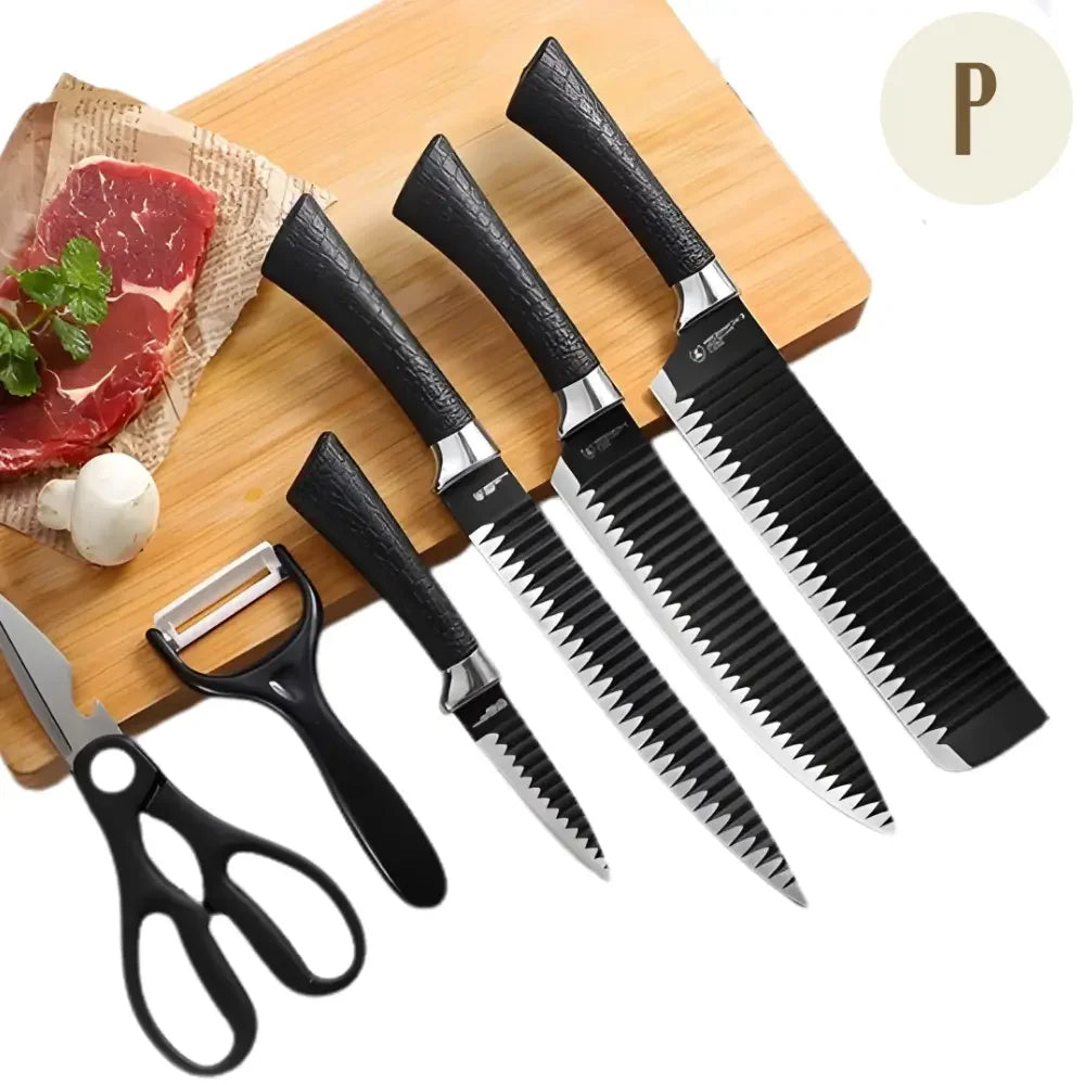 Kit 6 em 1 Facas de Cozinha - Aço Inox + Tesoura de Churrasco de BRINDE