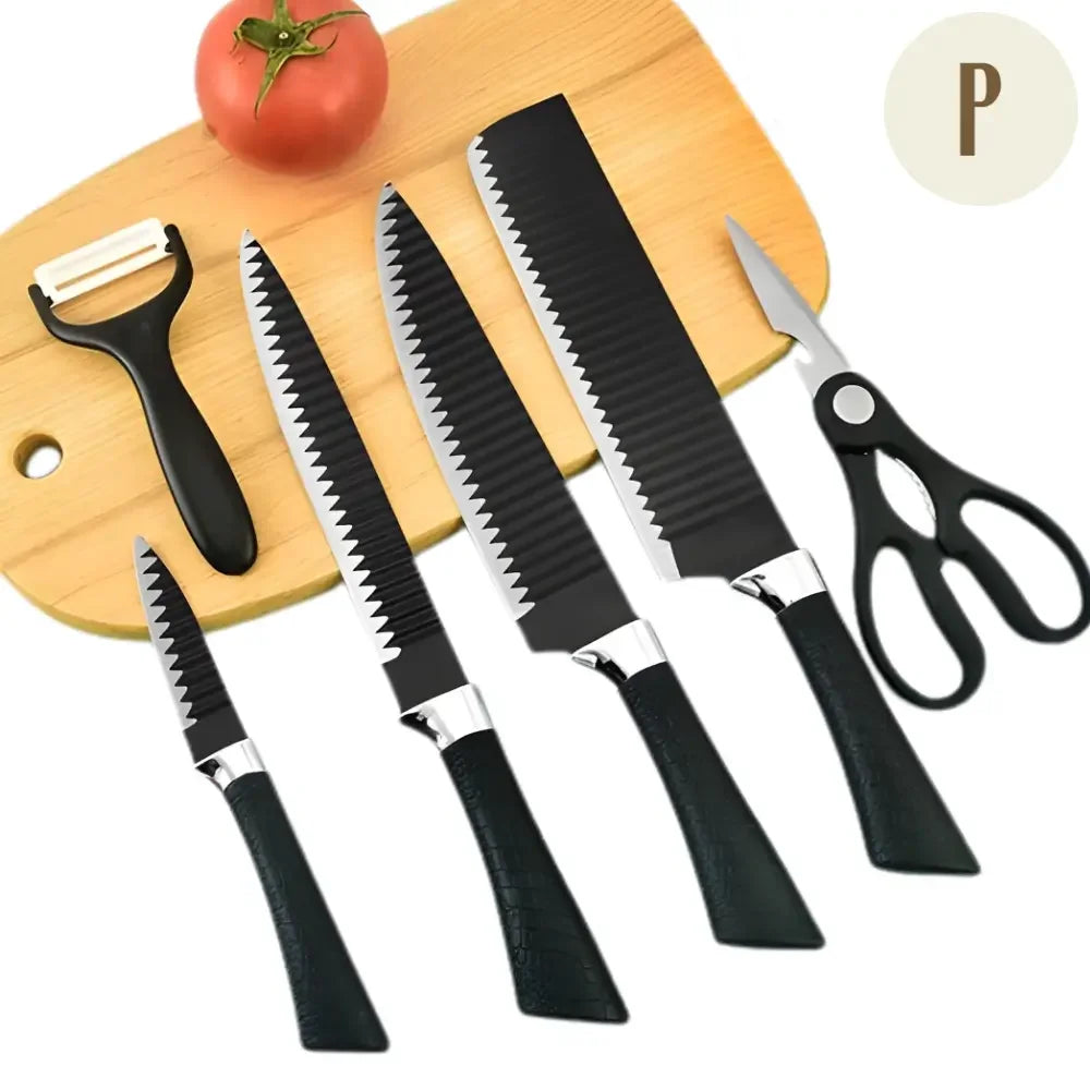 Kit 6 em 1 Facas de Cozinha - Aço Inox + Tesoura de Churrasco de BRINDE