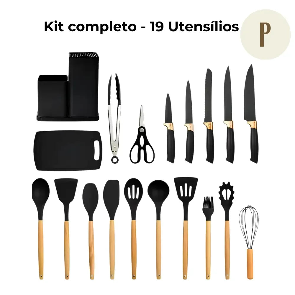 Kit 19 Utensílios de Cozinha + Tábua e Porta-Utensílios de BRINDE