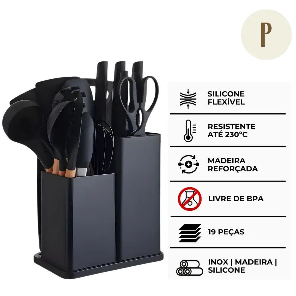 Kit 19 Utensílios de Cozinha + Tábua e Porta-Utensílios de BRINDE