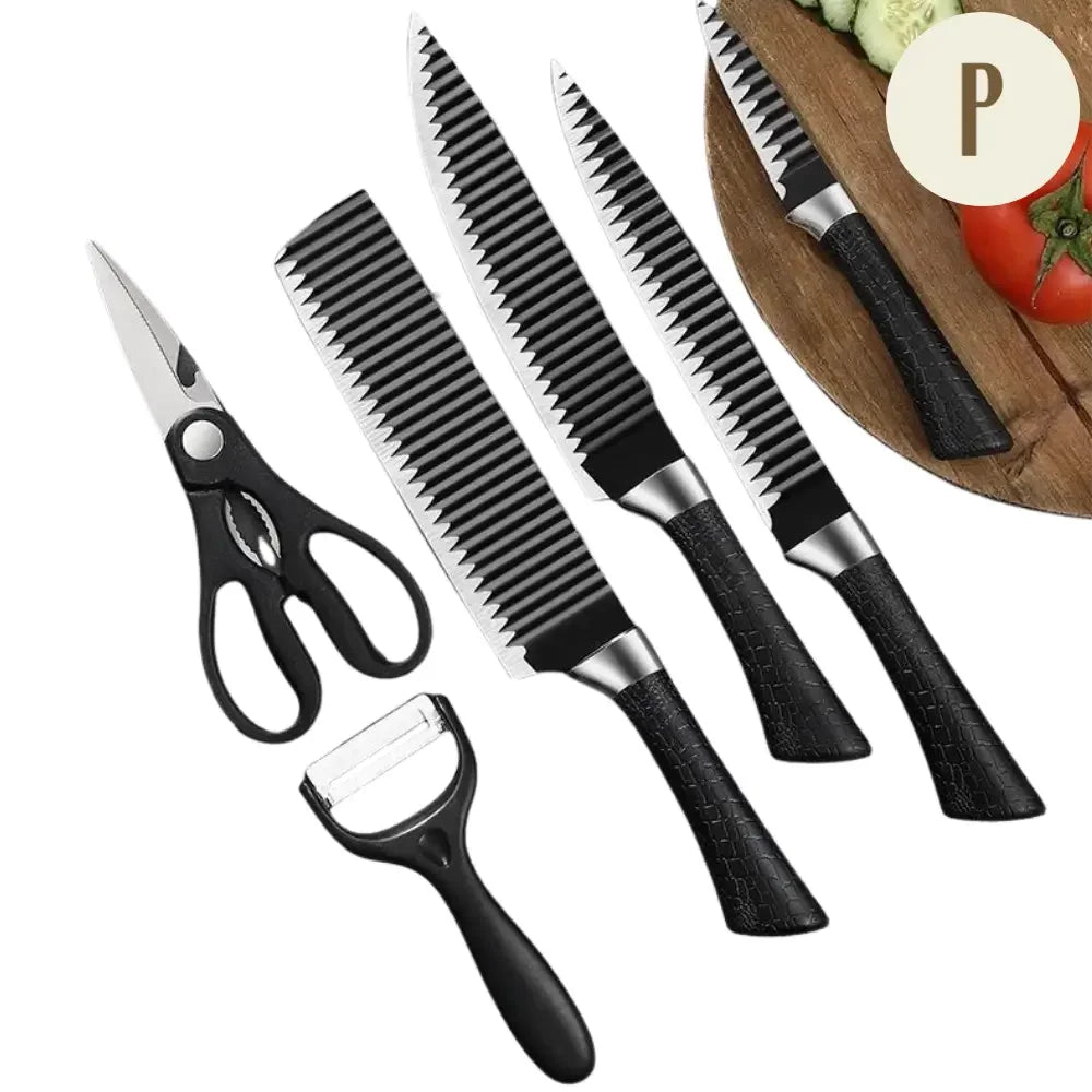 Kit 6 em 1 Facas de Cozinha - Aço Inox + Tesoura de Churrasco de BRINDE