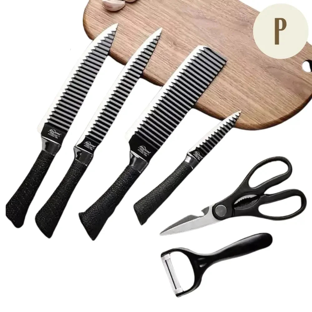 Kit 6 em 1 Facas de Cozinha - Aço Inox + Tesoura de Churrasco de BRINDE