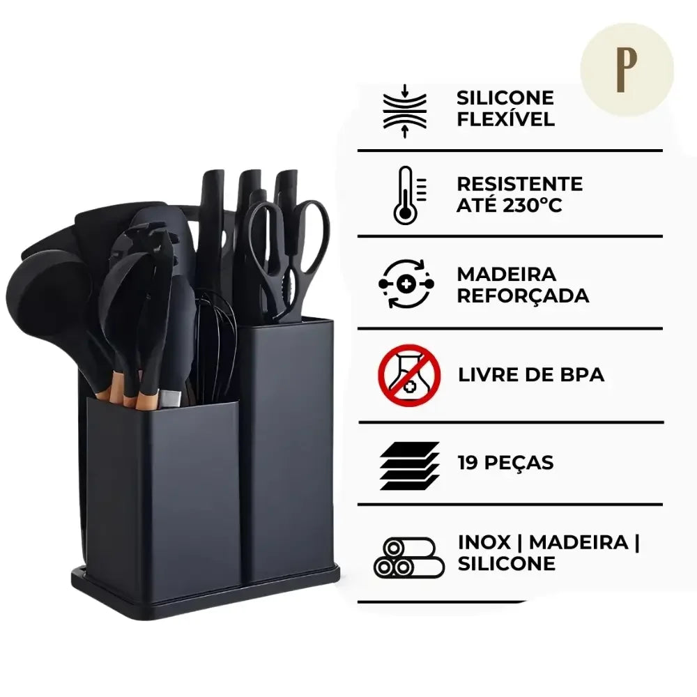 Kit 19 Utensílios de Cozinha - PRETO
