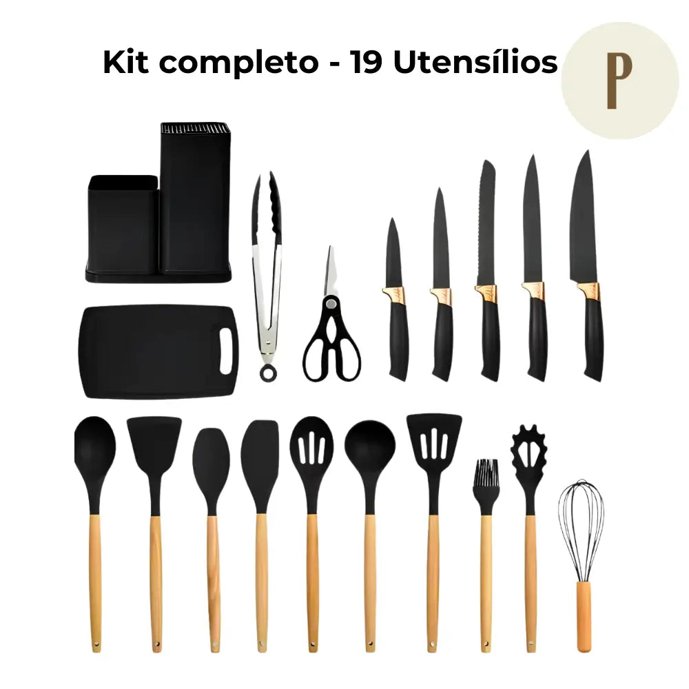 Kit 19 Utensílios de Cozinha + Tábua e Porta-Utensílios de BRINDE