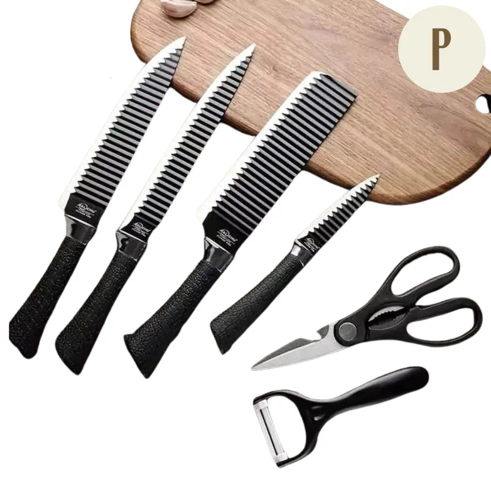 Kit 6 em 1 Facas de Cozinha - Aço Inox + Tesoura de Churrasco de BRINDE